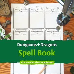 Op de afbeelding: Een wit A4-vel papier met een raster van zes lege spreukenkaart-sjablonen met kopteksten voor spreektijd, bereik, componenten en duur. Het document is getiteld Dungeons + Dragons Spell Book A4 Character Sheet Supplement.