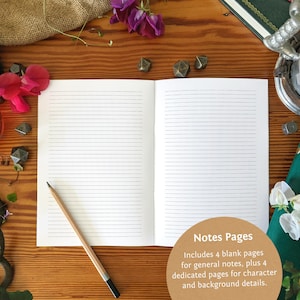 May include: An open notebook with lined pages and the text "Notes Pages" on the cover. The text below the title reads "Includes 4 blank pages for general notes, plus 4 dedicated pages for character and background details."
