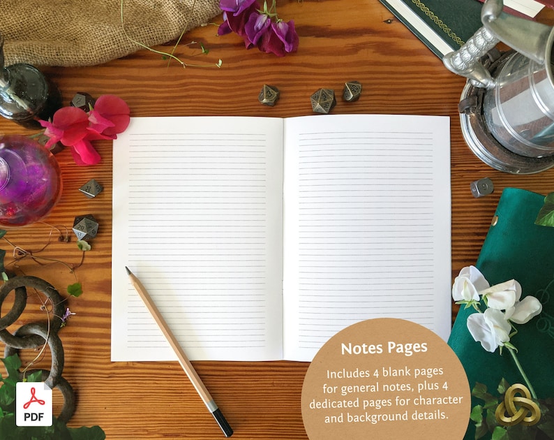 May include: An open notebook with lined pages and the text "Notes Pages" on the cover. The text below the title reads "Includes 4 blank pages for general notes, plus 4 dedicated pages for character and background details."
