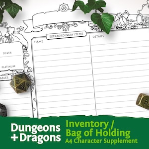 Könnte beinhalten: Ein druckbares Dungeons and Dragons Charakterblatt zum Verfolgen von Inventar und Wertsachen. Das Blatt zeigt eine Schwarzweißillustration eines Beutels der Aufbewahrung, eines gängigen magischen Gegenstands im Spiel. Das Blatt ist mit "Inventar/Beutel der Aufbewahrung" und "A4 Charakter-Ergänzung" beschriftet.