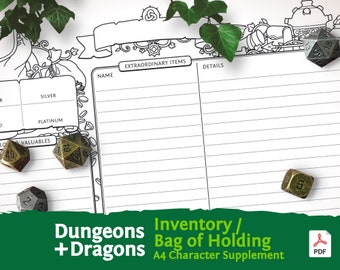 DnD A4 Inventory / Bag of Holding: Character Sheet PDF compatible with fifth edition Dungeons and Dragons - Mythbound