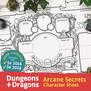 DnD 5e Character Sheet: Arcane Secrets PDF compatible with fifth edition Dungeons and Dragons and 5.5e - Mythbound