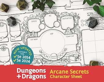 DnD 5e Character Sheet: Arcane Secrets PDF compatible with fifth edition Dungeons and Dragons and 5.5e - Mythbound