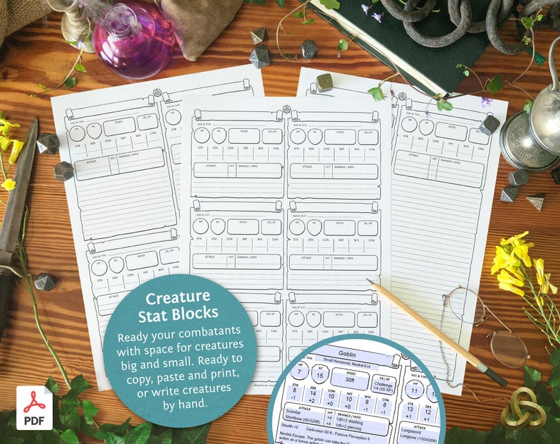 May include: Printable creature stat blocks for role-playing games. The image shows a set of blank stat blocks and a filled-out stat block for a goblin with the text "Goblin" and "Small Humanoid (Medium Evil)".