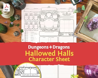 DnD 5e Character Sheet: Hallowed Halls PDF compatible with fifth edition Dungeons and Dragons and 5.5e - Mythbound