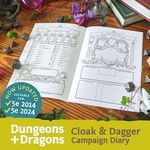 Könnte beinhalten: Ein schwarz-weißes, druckbares Dungeons & Dragons-Kampagnentagebuch mit dem Thema Mantel und Dolch. Das Tagebuch ist für die 5. Edition von Dungeons & Dragons geeignet, sowohl für die Editionen 2014 als auch 2024. Das Tagebuch enthält einen Kampf- und Begegnungs-Tracker, Charakterblätter und andere nützliche Informationen für Rollenspiele.