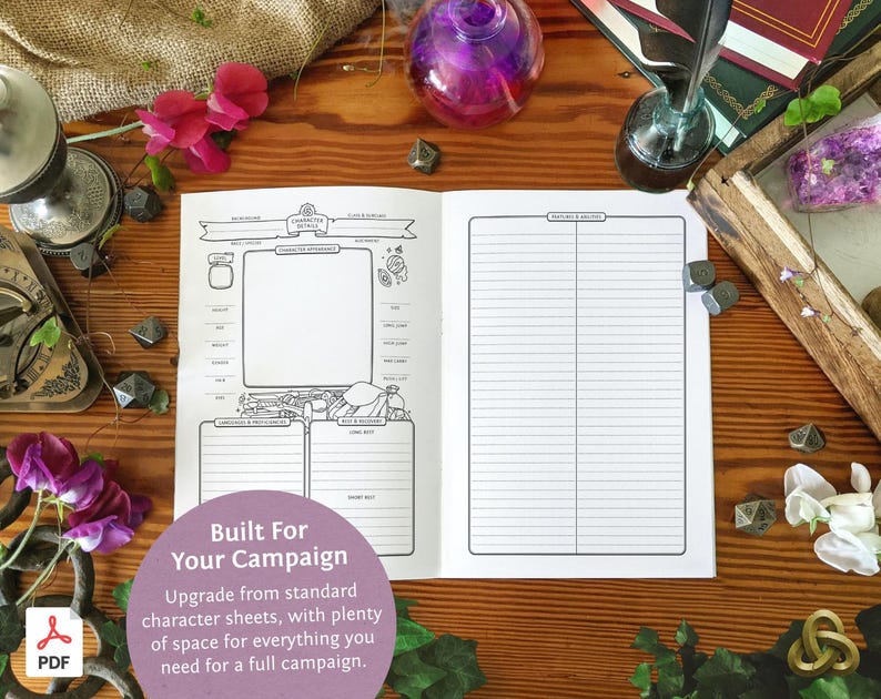 May include: A printable Dungeons and Dragons character sheet with a title that says "Character Design". The sheet has sections for character appearance, background, and abilities. The text "Built For Your Campaign" is at the bottom of the page. Upgrade from standard character sheets, with plenty of space for everything you need for a full campaign.