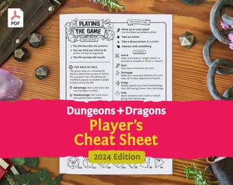 Puede incluir: Una hoja de papel blanca titulada Dungeons + Dragons Player's Cheat Sheet 2024 Edition, con texto negro e ilustraciones de líneas. El documento detalla las reglas del juego, la mecánica de los dados y las acciones de turno para juegos de rol.