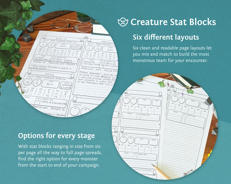 May include: Creature Stat Blocks: Six different layouts for creating monster stat sheets for tabletop role-playing games. The image shows six different page layouts with various sizes and styles.