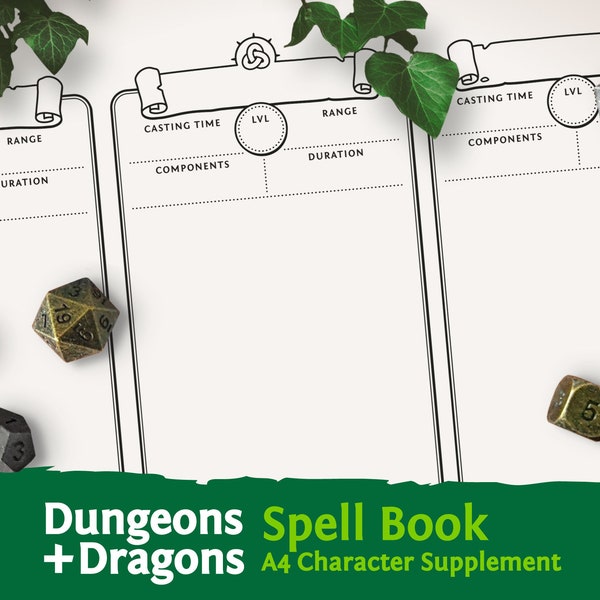 DnD A4 Spell Book Pages: Character Sheet PDF compatible with fifth edition Dungeons and Dragons - Mythbound