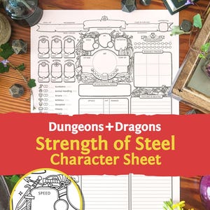 May include: A white paper Dungeons and Dragons character sheet with black line art, featuring sections for character name, ability scores, hit points, and skill proficiencies. The layout includes a central circular hit point tracker and various weapon icons.