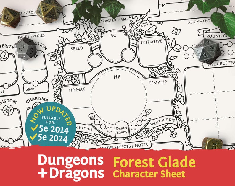 DnD 5e karaktärsblad: Forest Glade PDF kompatibel med femte upplagan av Dungeons and Dragons och 5.5e - Mythbound bild 1