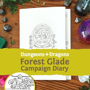 Puede incluir: Un diario de campaña Dungeons + Dragons Forest Glade de color blanco con una ilustración de líneas negras de un árbol dentro de un marco circular en la portada. El diario está rodeado de dados poliédricos, una botella de vidrio y follaje verde.