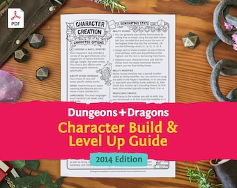 May include: A white paper guide titled Dungeons + Dragons Character Build & Level Up Guide 2014 Edition, featuring black text on character creation, ability scores, and modifiers, surrounded by polyhedral dice and decorative game elements.