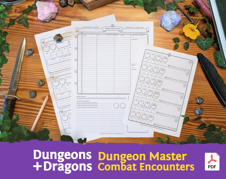 May include: A set of printable Dungeons and Dragons Dungeon Master Combat Encounters sheets. The sheets are black and white and feature a variety of tables and charts for tracking combat encounters.
