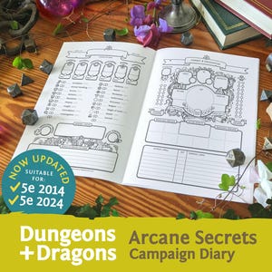 Puede incluir: Un diario de campaña de Dungeons and Dragons en blanco y negro con un diseño floral. El diario está abierto en una página con una hoja de personaje y un rastreador de combate. El texto de la portada dice "Arcane Secrets Campaign Diary".