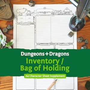 Könnte beinhalten: Ein weißer Charakterbogen aus Papier für Dungeons & Dragons mit Abschnitten für Inventar, Beute, Wertsachen, Werkzeuge, Ausrüstung, Waffen und Rüstungen. Das Dokument enthält schwarze Linienzeichnungen und Textüberschriften auf Holz.