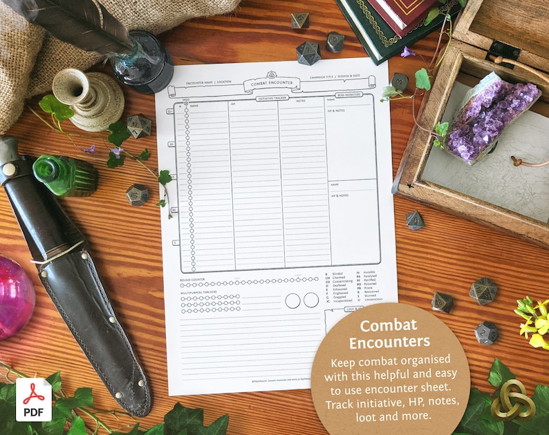 May include: Printable combat encounter sheet for tabletop role-playing games. The sheet includes sections for initiative, hit points, notes, and loot.  The text on the sheet reads "Combat Encounters: Keep combat organized with this helpful and easy to use encounter sheet. Track initiative, HP, notes, loot and more."