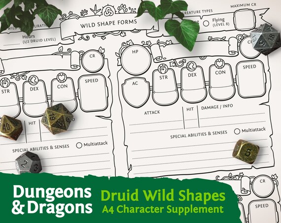 Dnd 5e Druid Wild Shapes: A4 Character Sheet PDF for Dungeons | Etsy