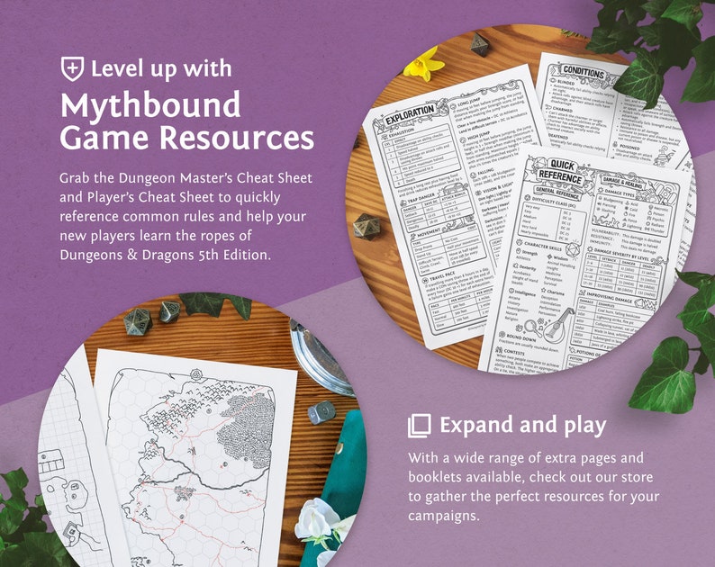 May include: A set of printable Dungeons & Dragons game resources, including a dungeon master's cheat sheet, a player's cheat sheet, and a map. The resources are printed on white paper and have black ink. The text on the resources includes "Level up with Mythbound Game Resources", "Exploration", "Conditions", "Quick Reference", and "Expand and play".