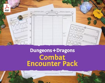 May include: A set of printed Dungeons and Dragons combat encounter tracker sheets on white paper. The documents feature black ink grids, initiative trackers, and character stat blocks with fields for name, HP, and notes, designed for tabletop gaming.