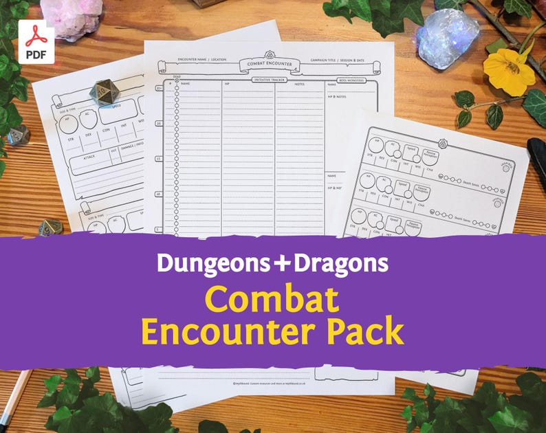 K&ouml;nnte beinhalten: Ein Set ausgedruckter Dungeons and Dragons Kampf-Encounter-Tracker-Bl&auml;tter auf wei&szlig;em Papier. Die Dokumente enthalten schwarze Raster, Initiativ-Tracker und Charakter-Statistikbl&ouml;cke mit Feldern f&uuml;r Name, HP und Notizen f&uuml;r Tabletop-Spiele.