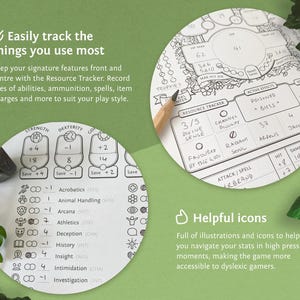 May include: A black and white printable Dungeons and Dragons character sheet with a resource tracker, active effects, and damage info sections. The sheet includes icons and illustrations to help navigate stats.