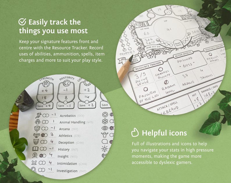 May include: A black and white printable Dungeons and Dragons character sheet with a resource tracker, active effects, and damage info sections. The sheet includes icons and illustrations to help navigate stats.