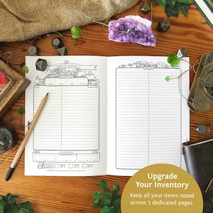 May include: A black and white printable character inventory sheet with a whimsical illustration of a fantasy character and their belongings. The sheet is divided into three columns labelled "Goods", "Currency", and "Other".