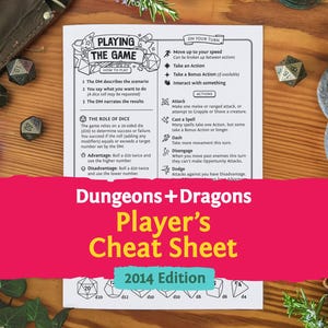 May include: A white paper reference sheet titled Playing the Game, Dungeons + Dragons Player's Cheat Sheet 2014 Edition. The document features black text and line art illustrations detailing game rules, dice roles, and action mechanics.