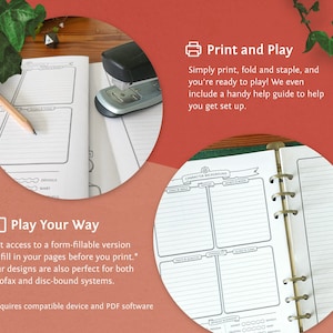 May include: A printable character sheet for role-playing games. The sheet is divided into sections for character background, skills, and abilities. The text "Print and Play" and "Play Your Way" is visible on the image.