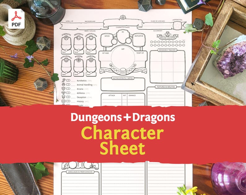 Może przedstawiać: Biała papierowa karta postaci do gry Dungeons and Dragons z czarnymi nadrukowanymi liniami, polami i miejscami na tekst do śledzenia statystyk, zdolności i umiejętności postaci, z dużym centralnym okręgiem na punkty wytrzymałości.