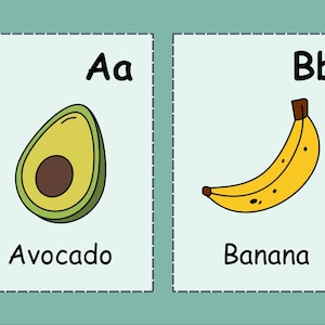 May include: Two flashcards with letters A and B, showing an avocado and a banana. The letter A is in lowercase and uppercase, and the word "Avocado" is written below the image. The letter B is in lowercase and uppercase, and the word "Banana" is written below the image.