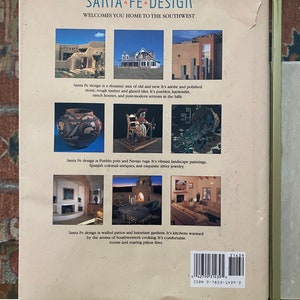 May include: A book cover with the title "Santa Fe Design" and a description of the design style. The cover features three images of homes in the southwestern style, with adobe walls, tiled roofs, and lush landscaping.