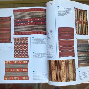 May include: A collection of Native American woven blankets with intricate geometric patterns in shades of red, brown, white, and black. The blankets are displayed on a white background with text describing their history and significance.