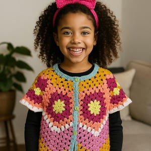 Puede incluir: Un cárdigan de ganchillo colorido con un diseño floral, con tonos de amarillo, rosa y morado. El cárdigan tiene un ribete azul claro y botones verdes. Una diadema de lazo rosa a juego completa el look.