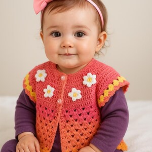 Handmade Baby Girl Crochet Vest with 3D Daisy Detail – Pink Knit Vest for 6-12 Months. Ready to sale. Free shipping