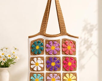 Crochet Daisy Tote Bag | Handmade Granny Square Shoulder Bag, Boho Cotton Purse
