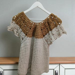 Handmade Crochet Lacy Blouse – Short Sleeve Summer Top – brown beige Mesh Knit Shirt – S/M Size – Boho Casual Gift, Handknitted Woman Blouse