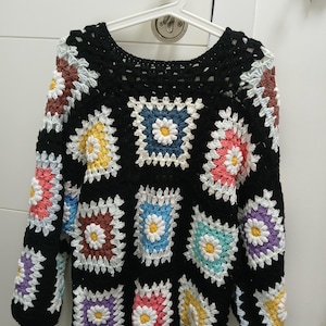 Handmade Crochet Granny Square Cardigan – Colorful Knit Sweater For Her – Boho Jumper – M/L Size Cozy Layer – Unique Cardigan For Woman