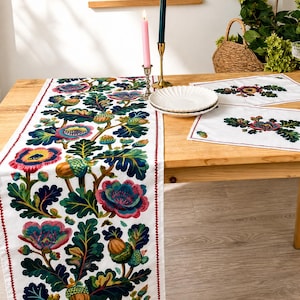 Op de afbeelding: Een witte tafelloper en twee bijpassende rechthoekige placemats met een kleurrijke botanische print van eikenbladeren, eikels en gestileerde bloemen in tinten groen, roze, blauw en oranje, met een dunne rode gestikte rand aan de zijkanten.