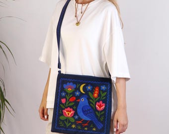 Boho Crossbody Tasche für Frauen, handgemachte ethnische Canvas Schultertasche, Taystra Folk Style Beutel, blaue Alltagstasche, Herbstfrauentasche, Schwester Geschenk