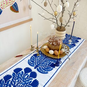 以下が含まれることがあります： イースターのテーブルセッティング。青と白の花柄のランナー、キャンドル、卵で飾られた木があります。ケーキと卵は金のプレートにあります。背景には鳥のアートワークが飾られています。