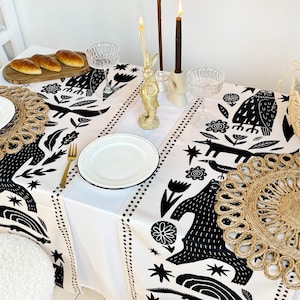 Set of 2 Folk Art Table Runners, Scandinavian Animal Table Decor, Bear Fox Bird Nordic Style Table Linen, Modern Folk Dining Decor