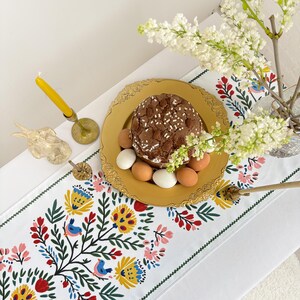 Peut inclure: Une table de Pâques festive avec une nappe blanche et un chemin de table floral. Une assiette dorée contient un gâteau au chocolat et des œufs. Une bougie jaune et des fleurs blanches complètent la scène. Le chemin de table a un motif floral coloré avec des oiseaux.