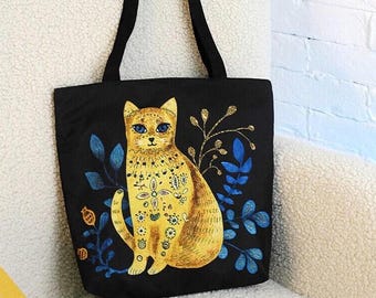 花柄キャンバストートバッグ：ジッパー付きブラックショルダーバッグ