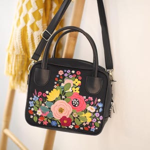 Floral Print Eco Leather Handbag, Elegant Fall Bag for City, Black Crossbody Purse for Gift, Boho Folk Shoulder Bag, Birthday Gift for Her