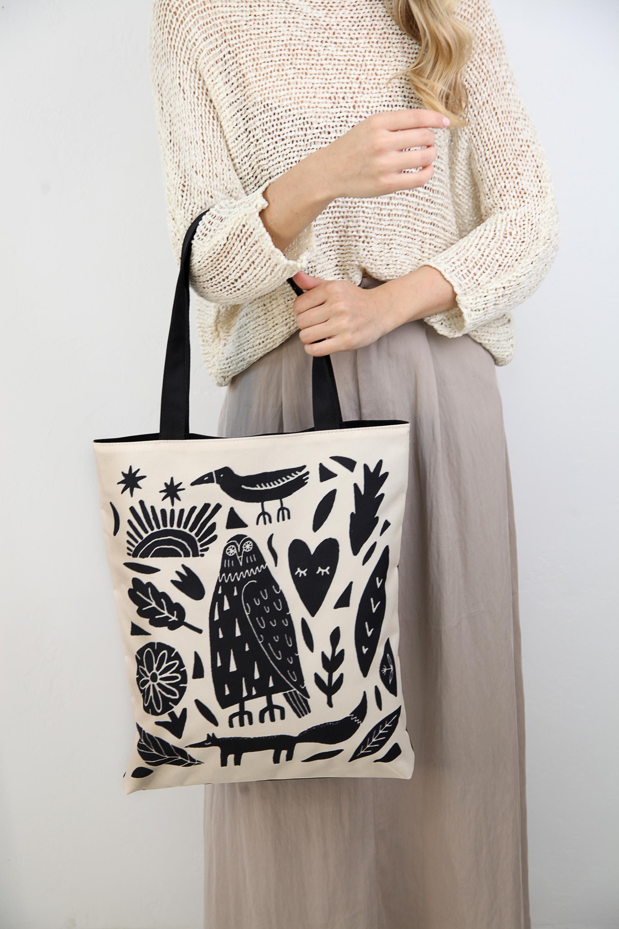 Printed Canvas Tote Bag: Black and White Design, Zippered Shopping Bag