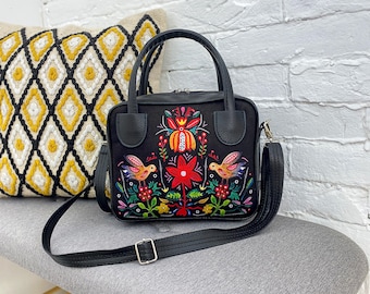 Folk Art Vegan Leather City Handbag Folk Style Women Bag Eco Leather Bag with Zipper Boho Shoulder Bag Dark Floral Motif Faux-leather Purse
