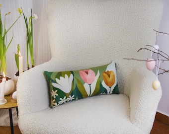 Samt Tulip Lendenkissenbezug, Frühlingsblumenkissen, Dekoratives Couchkissen, Botanisches Sofakissen, Frühlingsinnendekor